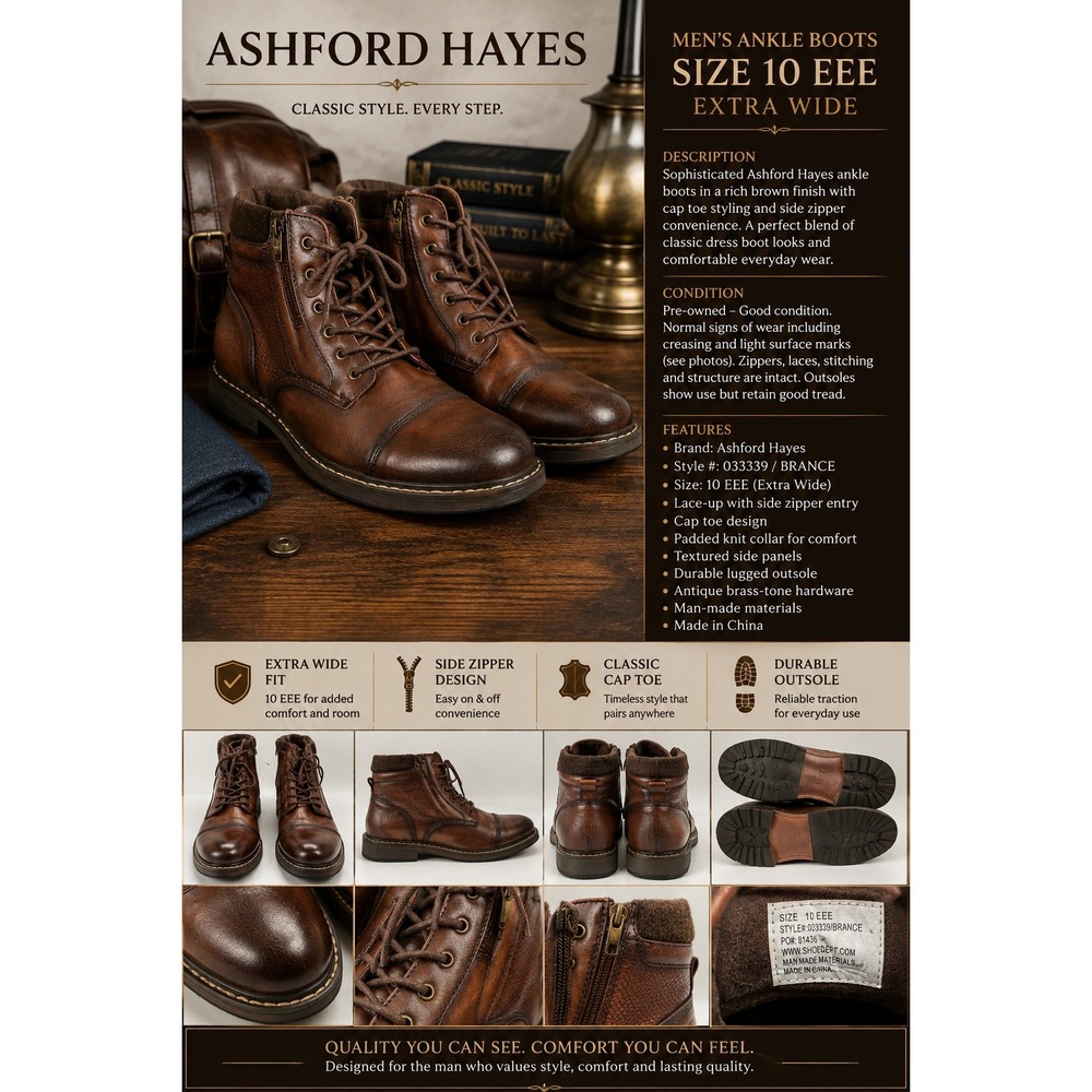 Ashford Hayes Mens Cognac Brown Cap Toe Side Zip Lace Up Combat Boots 10.5M